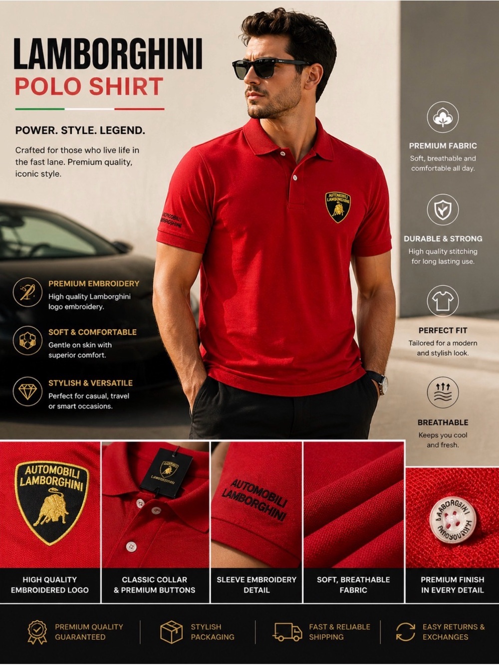 Man’s polo -shirt, Lamborghini red color ((size XL fit  ))L cotton 100%